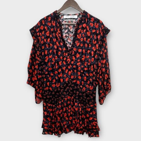 IRO River Smocked Fil Coupe Mini Dress Women's Size 2 Red Blue Silk Blend Print - Picture 4 of 16